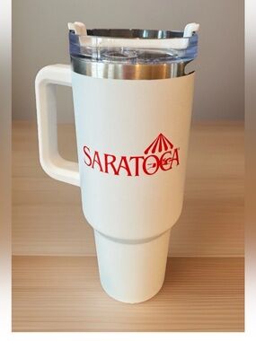 Saratoga NYRA White Insulated Stainless Steel Travel Mug w/Lid and Handle NEW